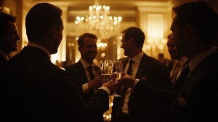 Men in suits toasting champagne at a luxurious event.