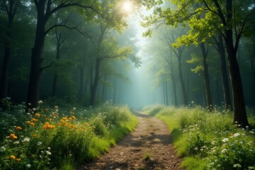Obraz premium Pathway lined with wildflowers disappearing into forest fog