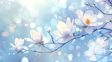 Sunlit white magnolia blossoms on a branch.