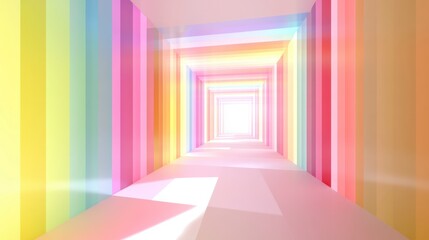Fototapeta premium A vibrant, colorful tunnel with gradient hues creates a whimsical, light-filled pathway, evoking feelings of joy and creativity.