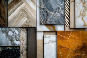 interior design material sample moodboard with luxury surfaces like marble and wood