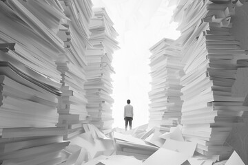 A Vector Illustration of a Person Standing Amidst a Stack of White Paper Books