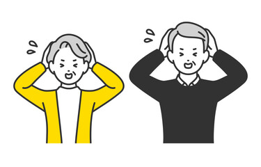 頭を抱えて困るポーズをするシニア男女･老夫婦のセット【人物ベクターイラスト素材】
