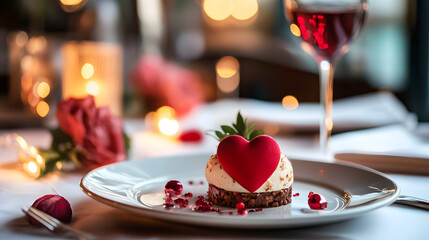 Gourmet Dessert with Chocolate Base and Heart Shaped Garnish in Romantic Dining Setting : Generative AI
