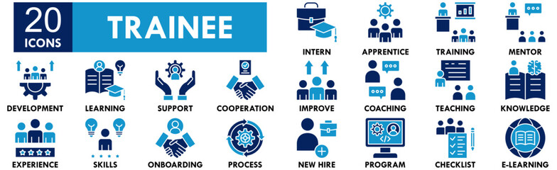 Trainee icon collection set. Containing design trainee, professional, work, business, employee