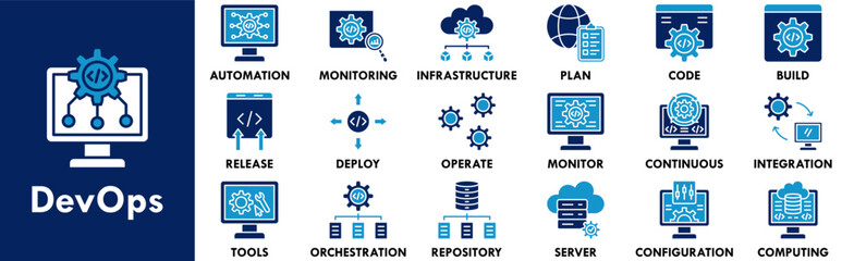 DevOps icon collection set. Containing design development, business, technology, agile, software