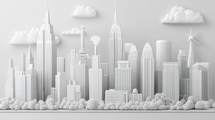 Naklejka premium A minimalistic white city skyline featuring iconic skyscrapers and clouds, showcasing modern architecture and urban design.