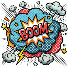 Cartoon comic sign burst cloud. Speech bubble, boom sign expression and   on a white background