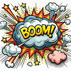 Cartoon comic sign burst cloud. Speech bubble, boom sign expression and   on a white background