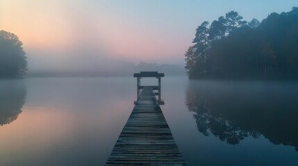 Serene Twilight Reflections. Tranquil Lake at Dusk in a Misty Landscape concept