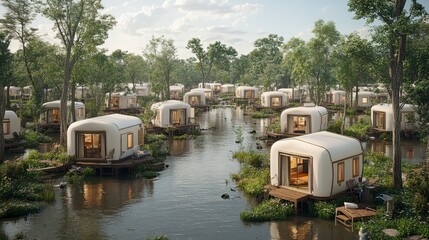 A serene landscape featuring modern eco-friendly cabins on water, surrounded by lush greenery and trees, ideal for nature retreats.
