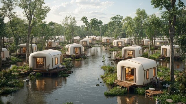 A serene landscape featuring modern eco-friendly cabins on water, surrounded by lush greenery and trees, ideal for nature retreats.