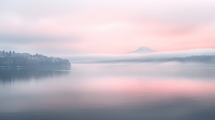Obraz premium Misty sunrise over calm lake with mountain.