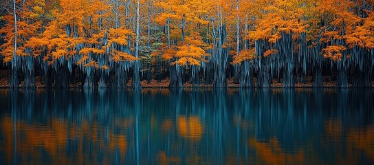 A serene landscape with vibrant autumn trees reflecting in still water.