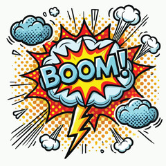 Cartoon comic sign burst cloud. Speech bubble, boom sign expression and   on a white background