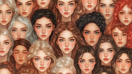A captivating collage of diverse, illustrated female faces, showcasing various hairstyles and expressions in a vibrant, artistic style.