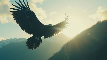 Obraz premium Majestic eagle soaring above mountain range at sunrise.