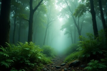 Fototapeta premium Ferns and undergrowth in a misty rainforest with subtle lighting
