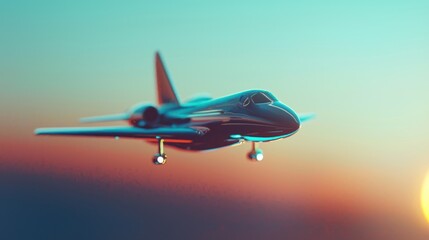Sleek private jet flying at sunset.