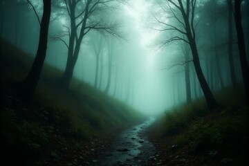 Mist covered forest trail leading into the unknown