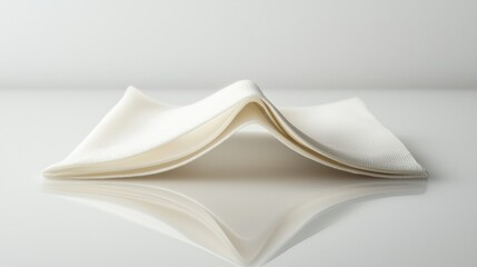 Folded white fabric napkin on reflective surface.