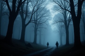 Silhouetted trees in a dense foggy forest with mysterious shadows