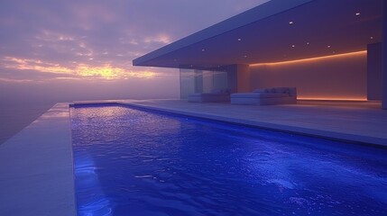 Fototapeta premium A serene modern poolside setting at sunset, featuring a sleek design and tranquil atmosphere.