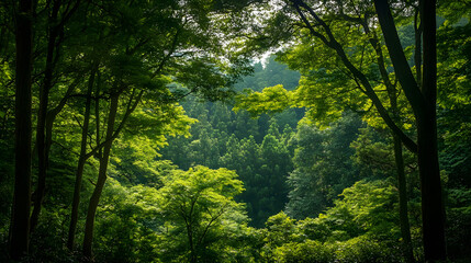 Obraz premium Lush Green Forest Canopy with Sunlight Filtering Through Dense Foliage : Generative AI