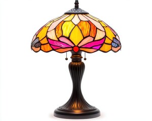 A vintage Tiffanystyle table lamp with a stainedglass shade, isolated against white