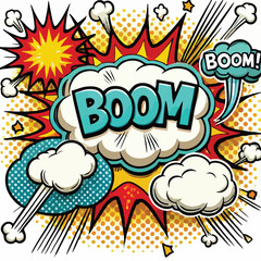 Cartoon comic sign burst cloud. Speech bubble, boom sign expression and   on a white background