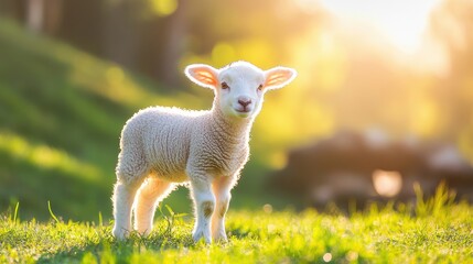 Fototapeta premium Adorable Lamb in Golden Sunset Meadow