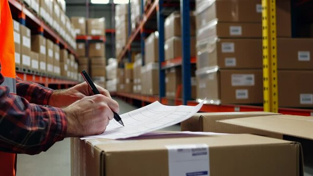 A male worker in a safety vest is writing on a form with a pen at a warehouse. The close-up view shows the hands and the paper document in the background.