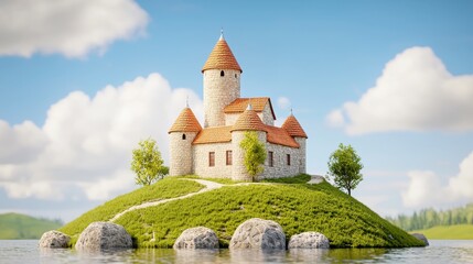 Naklejka premium Scenic Fantasy Castle on Island Surrounded by Water and Lush Green Landscape