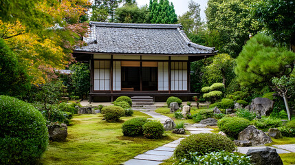 Idyllic Japanese Garden Scene with Traditional Wooden House Amidst Lush Greenery and Pathway : Generative AI