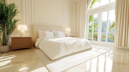 Bright and Airy Minimalistic Bedroom with Natural Light and Lush Greenery Views