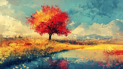 Naklejka premium Solitary red tree in autumn landscape, reflected in calm water.