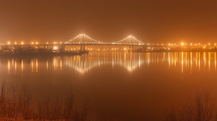 Fototapeta premium A foggy night scene featuring a bridge illuminated by lights reflecting on the water.