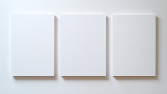 Three blank white canvases on a wall.