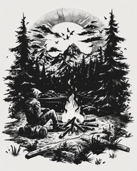 Fototapeta premium Epic monochrome illustration of a lone camper by a campfire, nestled in a majestic mountain wilderness; perfect for adventurous apparel designs.