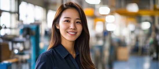 Portrait of a confident Asian woman smiling in a manufacturing facility showcasing leadership in a factory environment with space for text