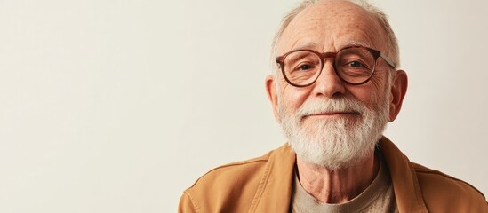 Senior man smiling with glasses on a neutral background suitable for adding text or captions.