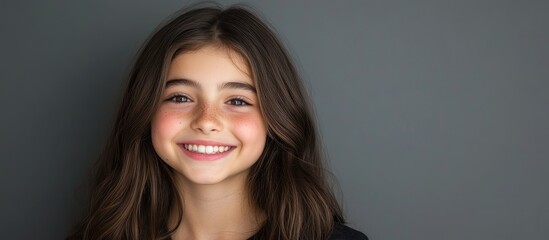 Fototapeta premium Cheerful teenage girl with long brunette hair smiling against a gray background with space for your inspirational text or message