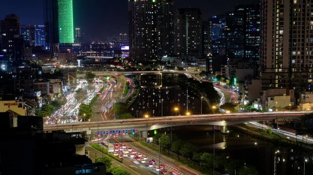 Night traffic timelapse of a part Vo Van Kiet highway, Ho Chi Minh city, Vietnam. Time: 11/29/2024.
