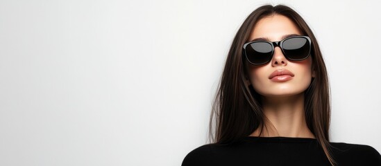 Chic Female Model in Sunglasses Against White Background with Copy Space for Fashion or Lifestyle Promotions