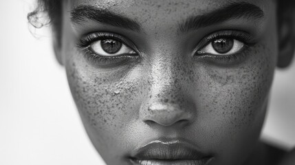 Obraz premium Elegant Black and White Portrait Showcasing a Beautiful Model with Expressive Brown Eyes and Distinct Freckles