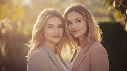 Fototapeta premium Young women embracing friendship in a beautiful outdoor setting with warm sunlight creating a soft, ethereal atmosphere.