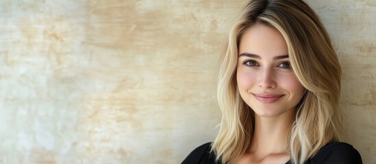 Fototapeta premium Smiling confident young blonde woman in office setting with neutral background ideal for text overlay and business or personal branding use