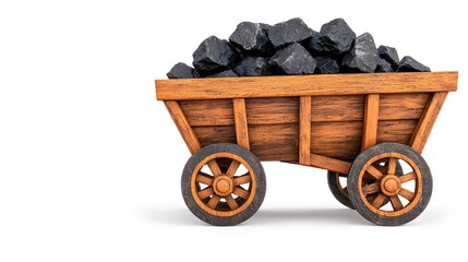 Fototapeta premium Wooden Cart Filled with Black Coal Isolated on White Background