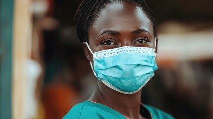 Smiling healthcare professional wearing a medical mask and scrubs in a welcoming environment promoting care and compassion in healthcare settings