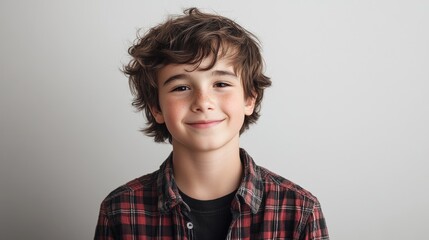 Smiling preteen boy with tousled hair and checkered shirt against a light background showcasing youthful joy and innocence.